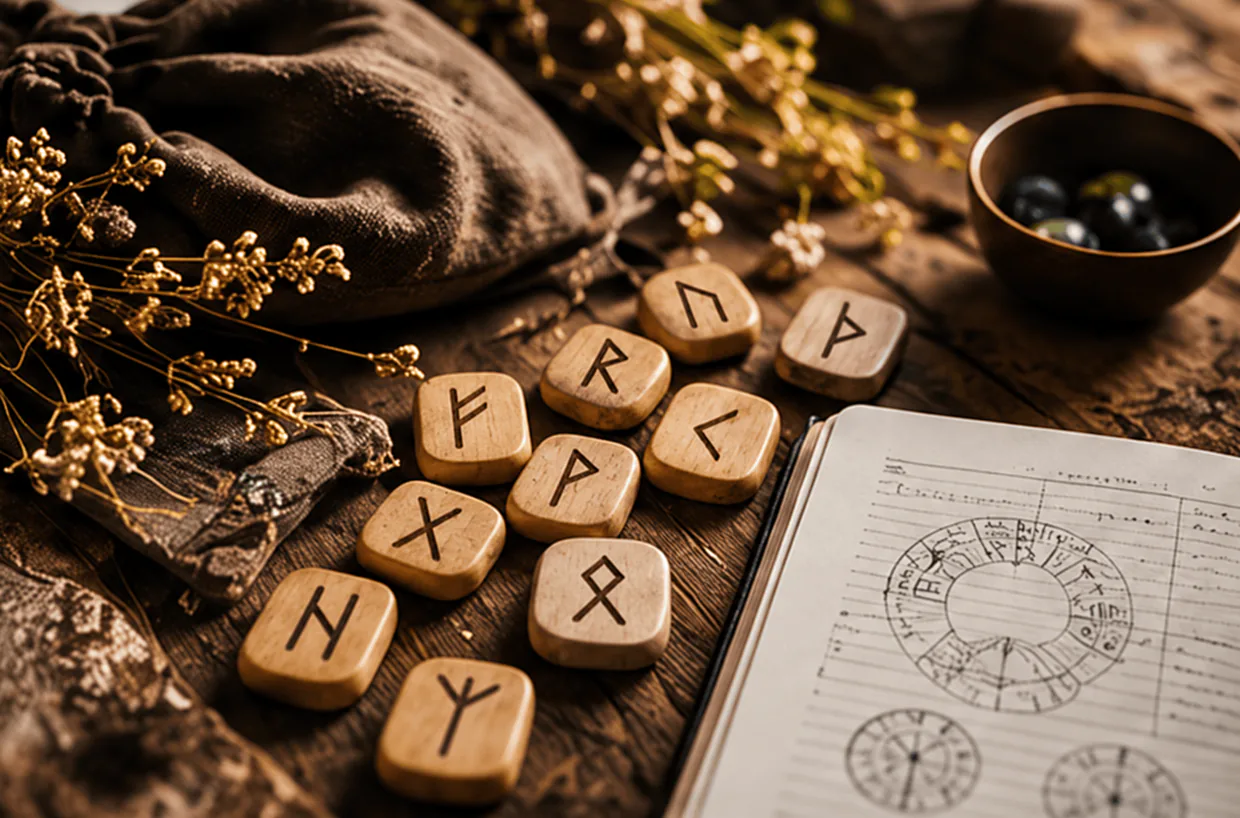 Runes gravées sur des plaquettes de bois, près d’un carnet de notes ouvert, d’un pochon en tissu et de fleurs séchées.