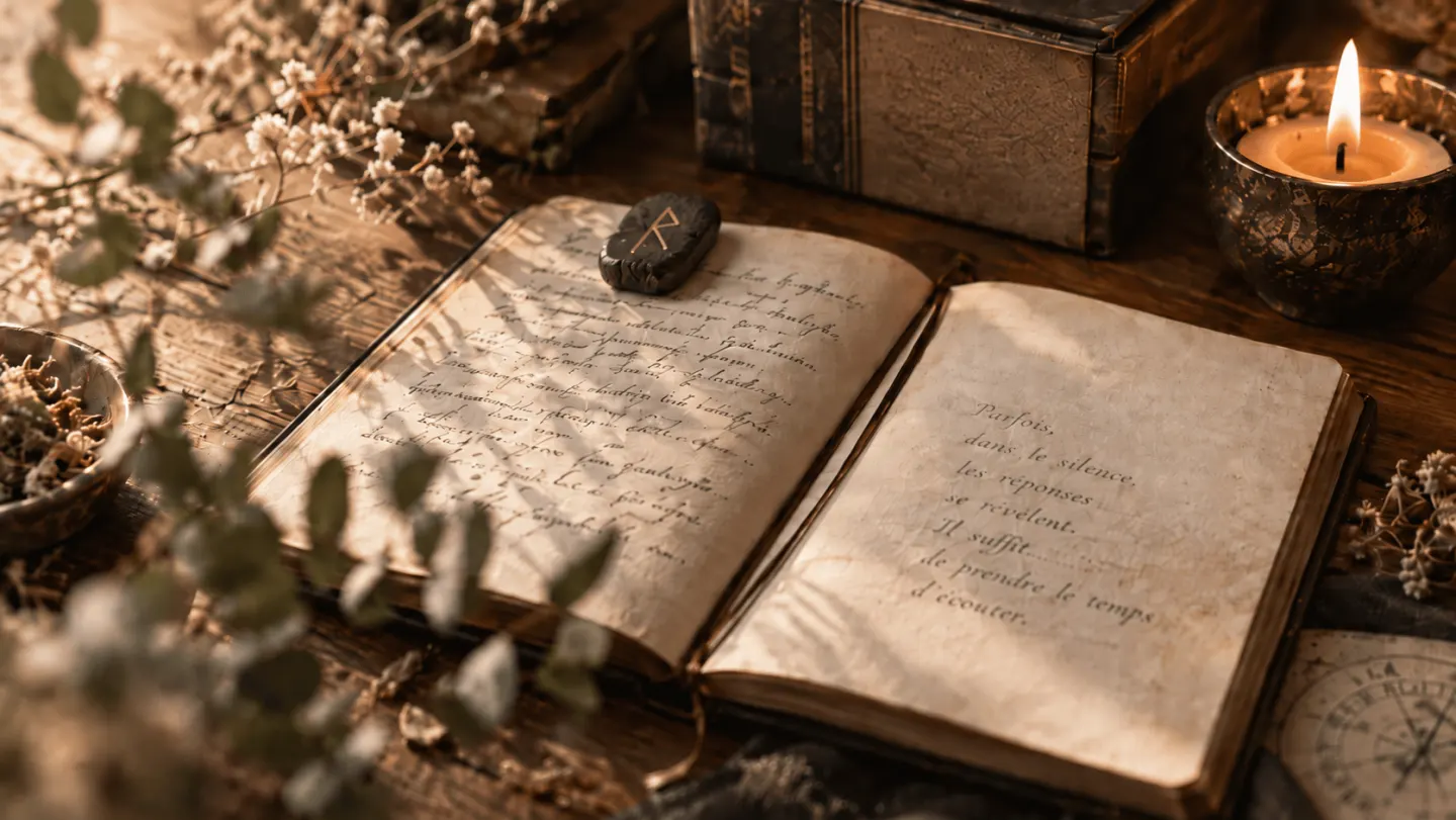 Journal ancien ouvert près d’une bougie et d’une pierre gravée d’une rune