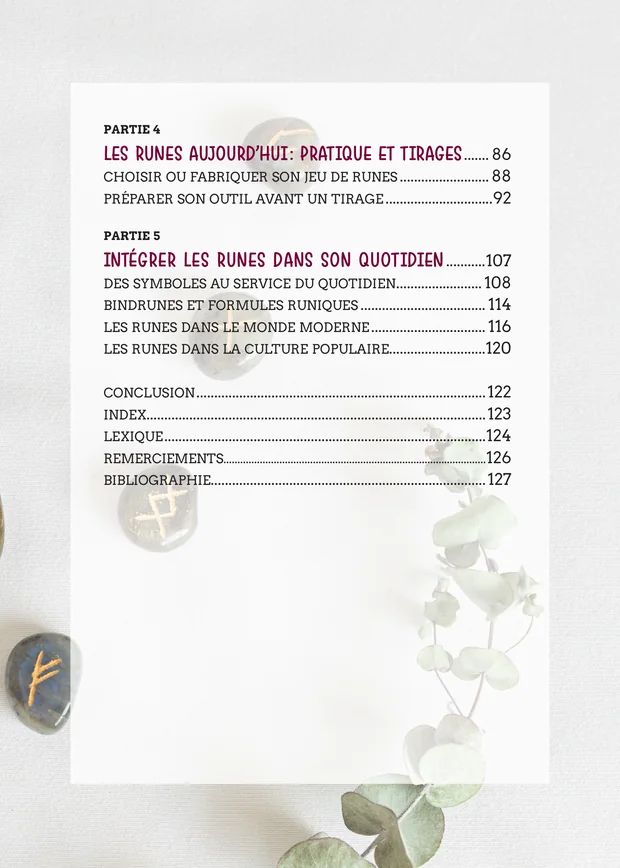 Page de droite du sommaire : parties 4 et 5, conclusion, index, lexique, remerciements et bibliographie.