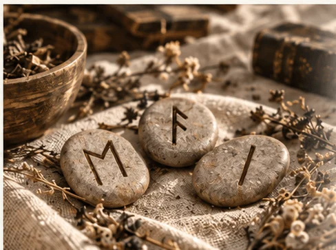 Trois pierres gravées des runes Ehwaz, Ansuz et Isa, posées parmi des fleurs séchées