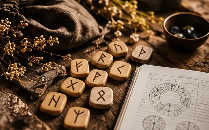 Runes en bois et carnet ouvert sur une table