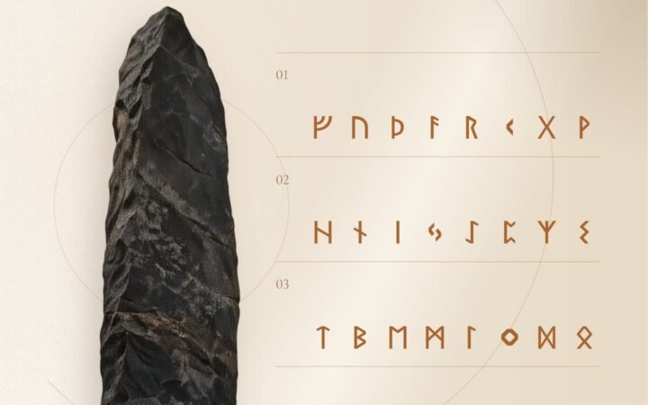 Une pierre dressée et les vingt-quatre runes du Futhark ancien, en trois ættir de huit