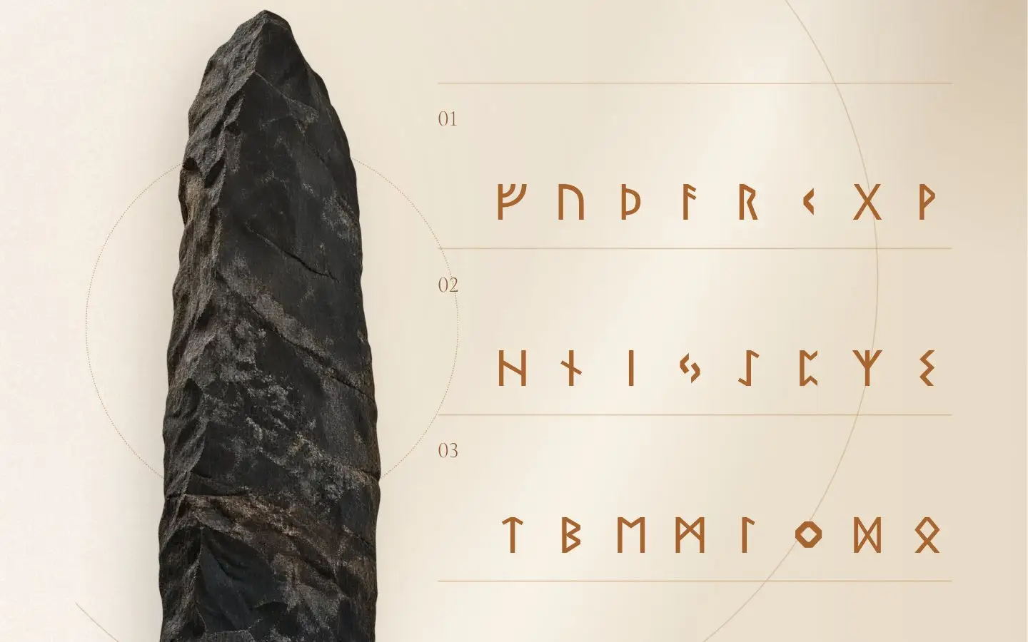 Une pierre dressée et les vingt-quatre runes du Futhark ancien, en trois ættir de huit